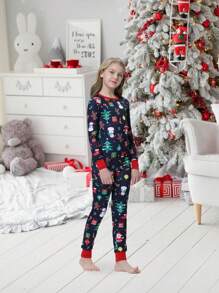 2pcs/Set Tween Girl Christmas Family Matching Snug Fit Pajamas - Fun Santa Claus Gift Print Long Sleeve Top And Pants Holiday Comfy Loungewear Set