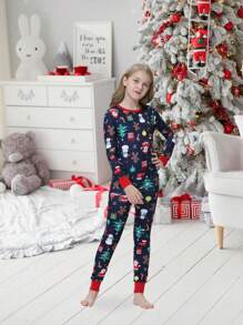 2pcs/Set Tween Girl Christmas Family Matching Snug Fit Pajamas - Fun Santa Claus Gift Print Long Sleeve Top And Pants Holiday Comfy Loungewear Set