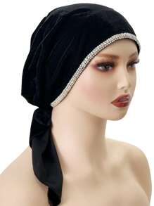 1pc Women's Autumn/Winter New Velvet Polyester Fiber Rhinestone Chain Versatile Headscarf/Bath/Sleep Cap, Luxury Fashion Design