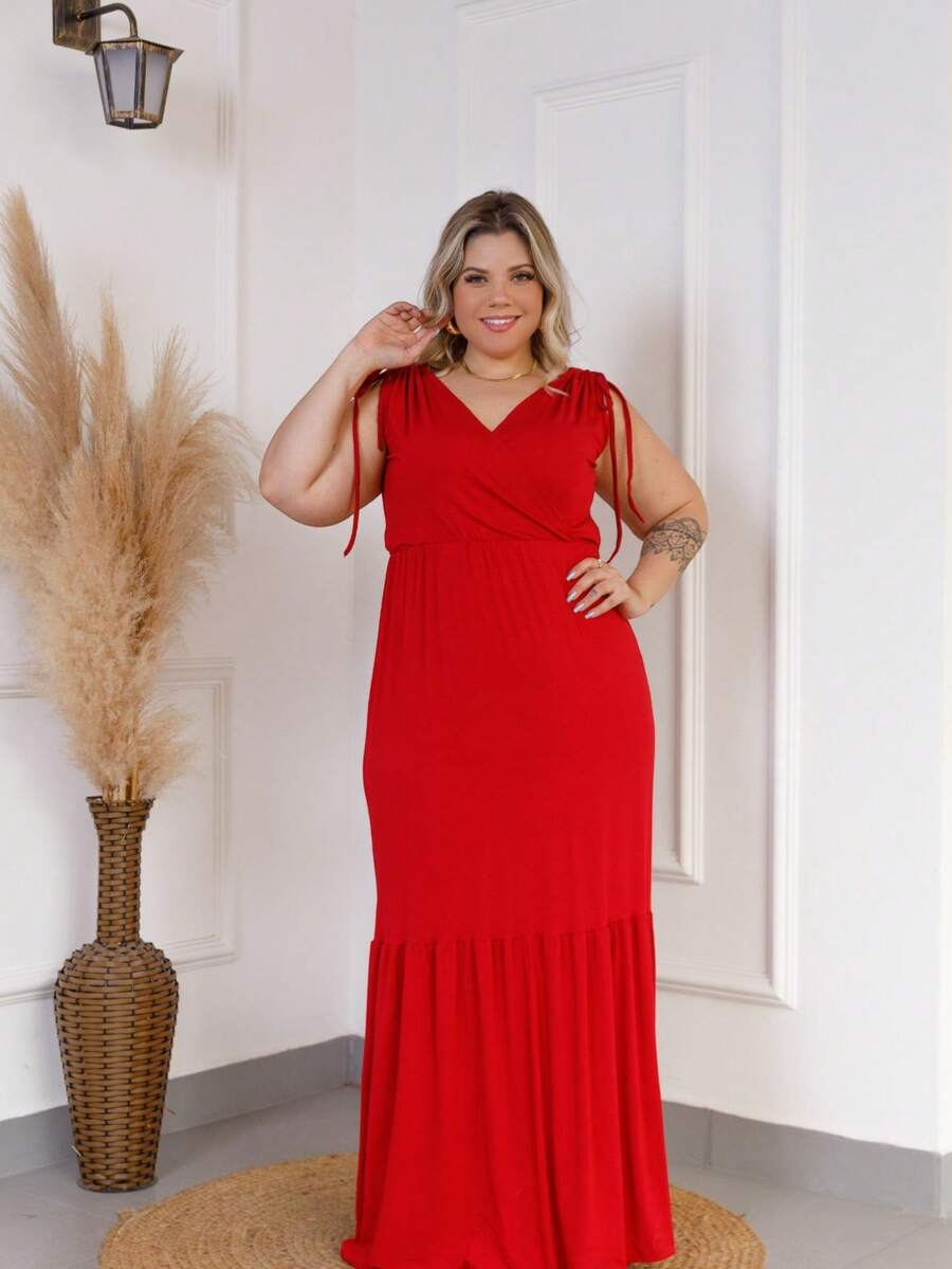 Plus Size Long Dress With V-Neckline And Draped Straps - 紅色 - 查看 1