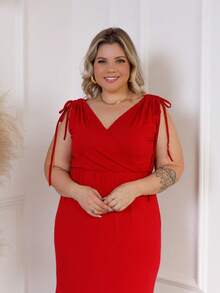 Plus Size Long Dress With V-Neckline And Draped Straps - 紅色 - 查看 2