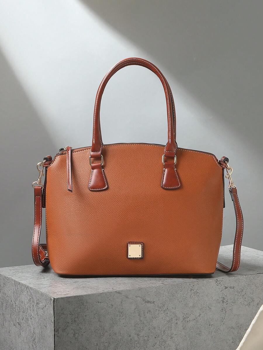 Refined Top Handle Zipper Satchel, Fashion-Forward Womens Textured PU Leather Bag For Everyday Style,Timeless Vintage Western Handbag - Eye-Catching Colorblock Design - màu nâu - Xem 1