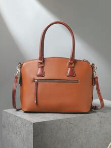 Refined Top Handle Zipper Satchel, Fashion-Forward Womens Textured PU Leather Bag For Everyday Style,Timeless Vintage Western Handbag - Eye-Catching Colorblock Design - màu nâu - Xem 5