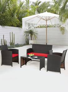 4-Piece Patio Furniture Sets, Outdoor Wicker Conversation Set - Red - View 1