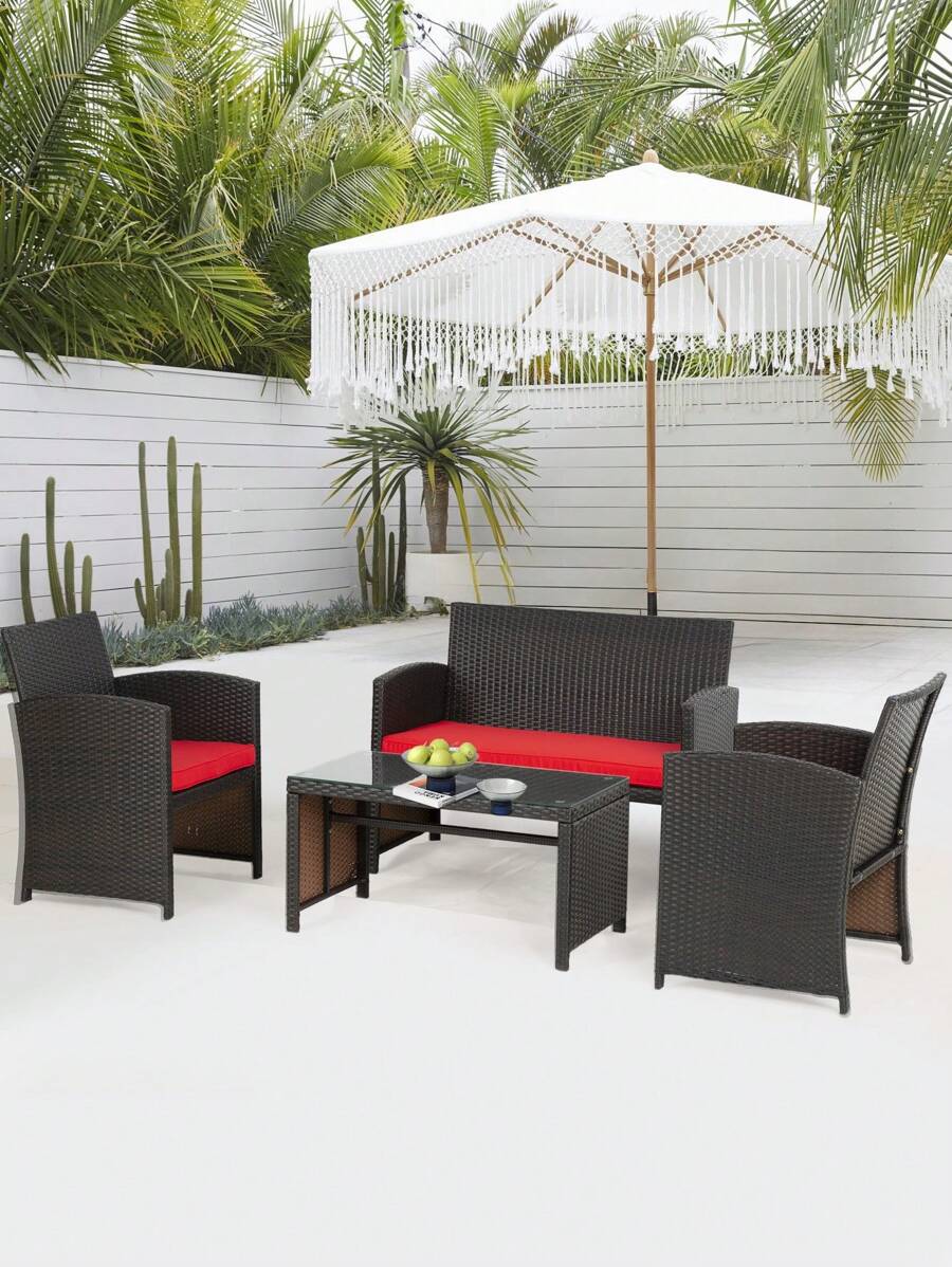 4-Piece Patio Furniture Sets, Outdoor Wicker Conversation Set - Red - View 1