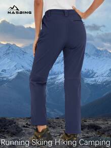 NASBING Women's Winter Thermal Lined Pants Waterproof Windproof Ripstop Softshell Warm 4-Way Stretch Zip-Fly Side Elastic Waist 2 Secure Zipper Pockets Snow Ski Pants Hiking Camping Outdoor Sport - 藏蓝色 - 查看 3