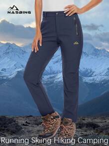 NASBING Women's Winter Thermal Lined Pants Waterproof Windproof Ripstop Softshell Warm 4-Way Stretch Zip-Fly Side Elastic Waist 2 Secure Zipper Pockets Snow Ski Pants Hiking Camping Outdoor Sport - 藏蓝色 - 查看 2