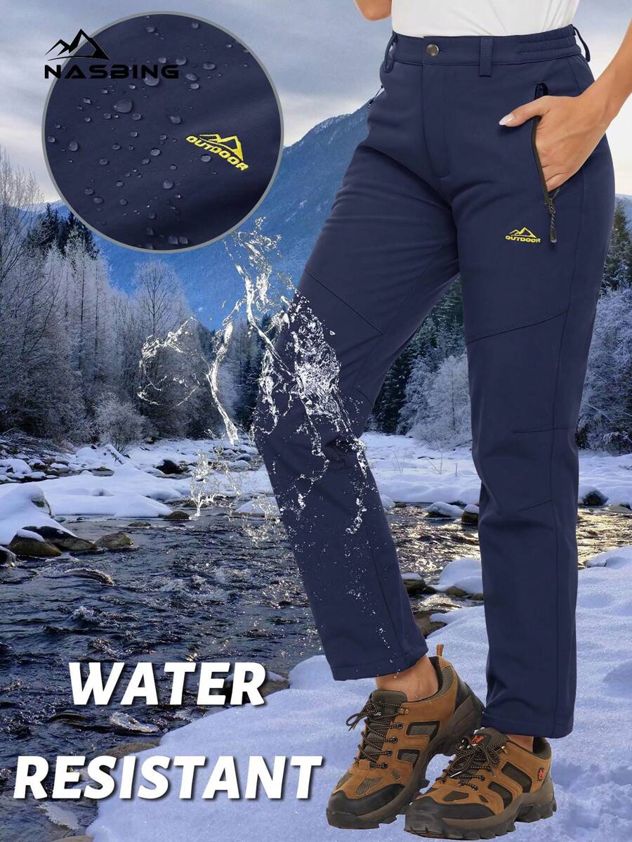 NASBING Women's Winter Thermal Lined Pants Waterproof Windproof Ripstop Softshell Warm 4-Way Stretch Zip-Fly Side Elastic Waist 2 Secure Zipper Pockets Snow Ski Pants Hiking Camping Outdoor Sport - 藏蓝色 - 查看 1