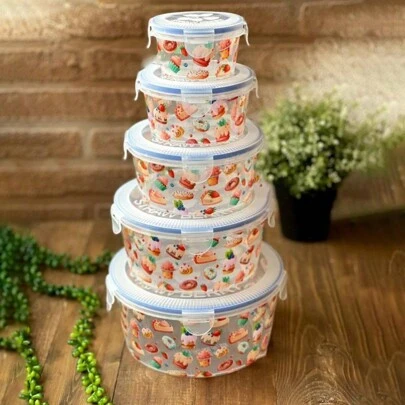CASAMAX WL 5 piezas. Recipiente de plástico con tapa/ Organizador de alimentos Cap. 2500, 1500, 950, 570, 250 ml. - Diseño repostería