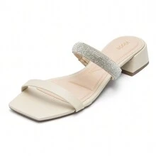 Klode Women's Flat Sandal Low Thick Heel Beige Strap Shiny Rhinestone Casual Comfortable - Beis - Ver 1