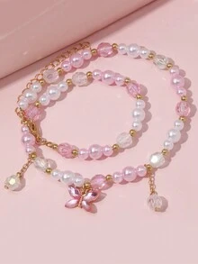 1 juego Nuevo conjunto de joyería de collar y pulsera para niños, accesorios de cuentas, colgante de mariposa linda de princesa para niñas - Multicolor - Ver 12