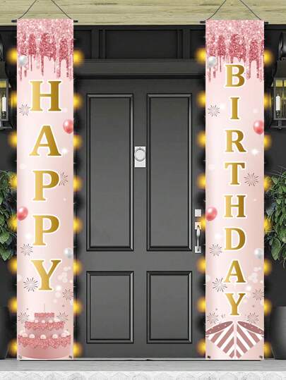 2pcs/Set 30*180cm Rose Gold Birthday Polyester Curtain With"Happy Birthday", Birthday Party Room Background Decoration Supplies Background Cloth, Indoor And Outdoor Door Decor Banner,Christmas