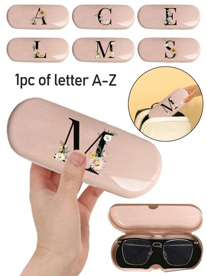 1 pieza Estuche de gafas de unicolor crema, nuevo diseño minimalista, portátil, resistente al agua y al polvo (pequeño, material de plástico) Estuche de gafas de concha dura con impresión de letra, estuche de gafas de cuero de PU con estampado de letra y margarita rosa