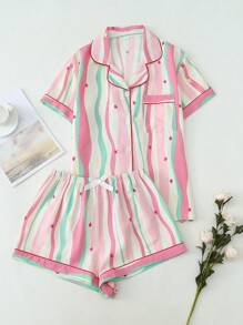 Bộ đồ ngủ 2 món cho nữ, áo ngắn tay cài nút cổ bẻ dễ thương và quần short, đồ ngủ thường ngày mùa hè, bộ đồ hai mảnh - Hồng - Xem 1