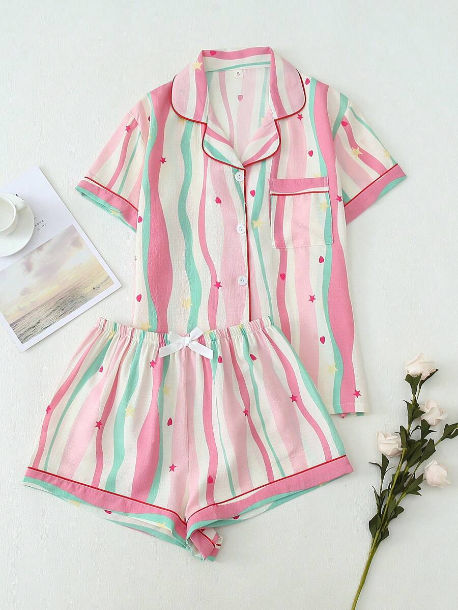 Bộ đồ ngủ 2 món cho nữ, áo ngắn tay cài nút cổ bẻ dễ thương và quần short, đồ ngủ thường ngày mùa hè, bộ đồ hai mảnh - Hồng - Xem 1