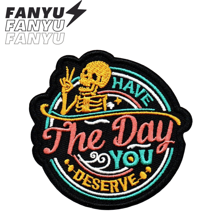"Have The Day You Deserve" Patch, Punk Rock Skull Print Cartoon Sew-On Applique Embroidered Badge DIY Clothing Accessory, Iron-On Patch For Garment, Shoes, Bags Halloween Summer, School