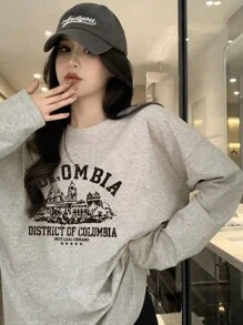 レトロ柄ゆったりカジュアルロングスリーブTシャツ、秋冬に活躍 - ライトグレー - チェックする 1