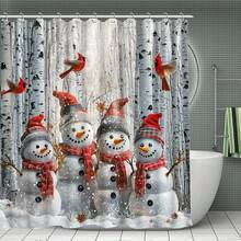 1 件/4 件圣诞雪人浴帘套装、桦树、红雀和松果装饰套装、圣诞快乐浴帘、圣诞帽和围巾浴室地毯、雪地马桶座套、防滑 U 型垫、浴室防水隔断帘、圣诞礼物、家居冬季装饰配件，包括 12 个 C 型挂钩，70.8 英寸 X 70.8 英寸 - 彩色 - 查看 2