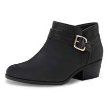 Women's Chunky Low Heel Ankle Boots, Classic Solid Color Buckle Strap & Side Zipper Booties