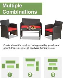 4-Piece Patio Furniture Sets, Outdoor Wicker Conversation Set - Red - View 3