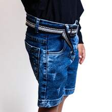 MEN'S FADED JEANS BERMUDA WITH BELT, ADJUSTABLE WAISTBAND WITH POCKET DETAIL - 藍色 - 查看 4