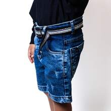 MEN'S FADED JEANS BERMUDA WITH BELT, ADJUSTABLE WAISTBAND WITH POCKET DETAIL - 藍色 - 查看 3