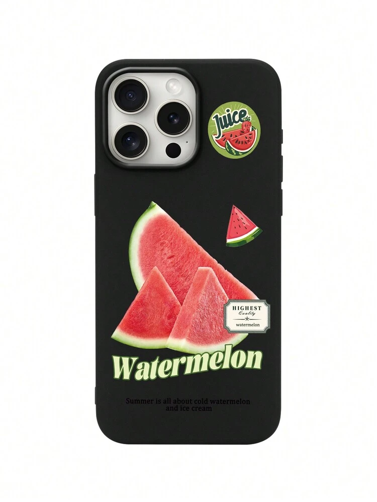 夏のスイカプリント柄のブラック携帯ケース1個、Apple 16 Pro Max/16