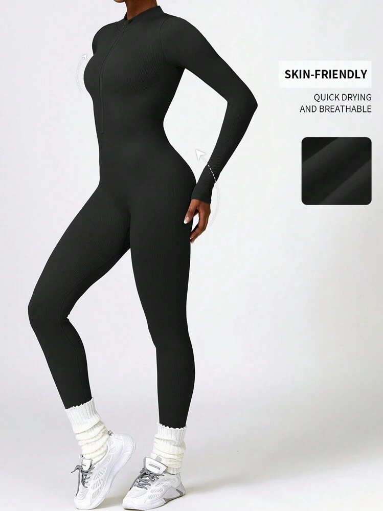 DINBEY Mono de una sola pieza de manga larga con cremallera para mujer, para yoga y actividades al aire libre, que levanta y adelgaza las nalgas y el abdomen, color negro, para primavera - Negro - Añade 5