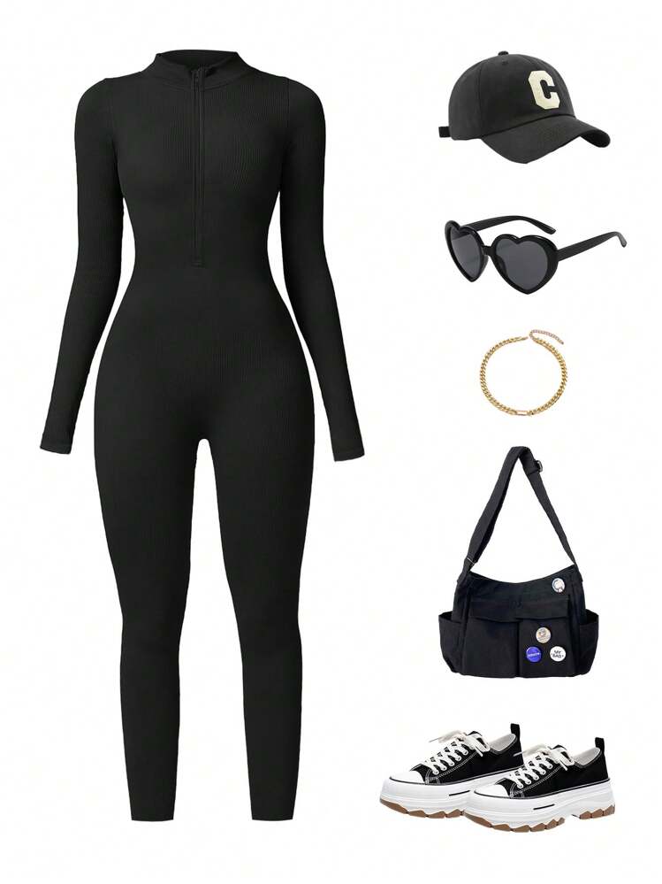 DINBEY Mono de una sola pieza de manga larga con cremallera para mujer, para yoga y actividades al aire libre, que levanta y adelgaza las nalgas y el abdomen, color negro, para primavera - Negro - Añade 7