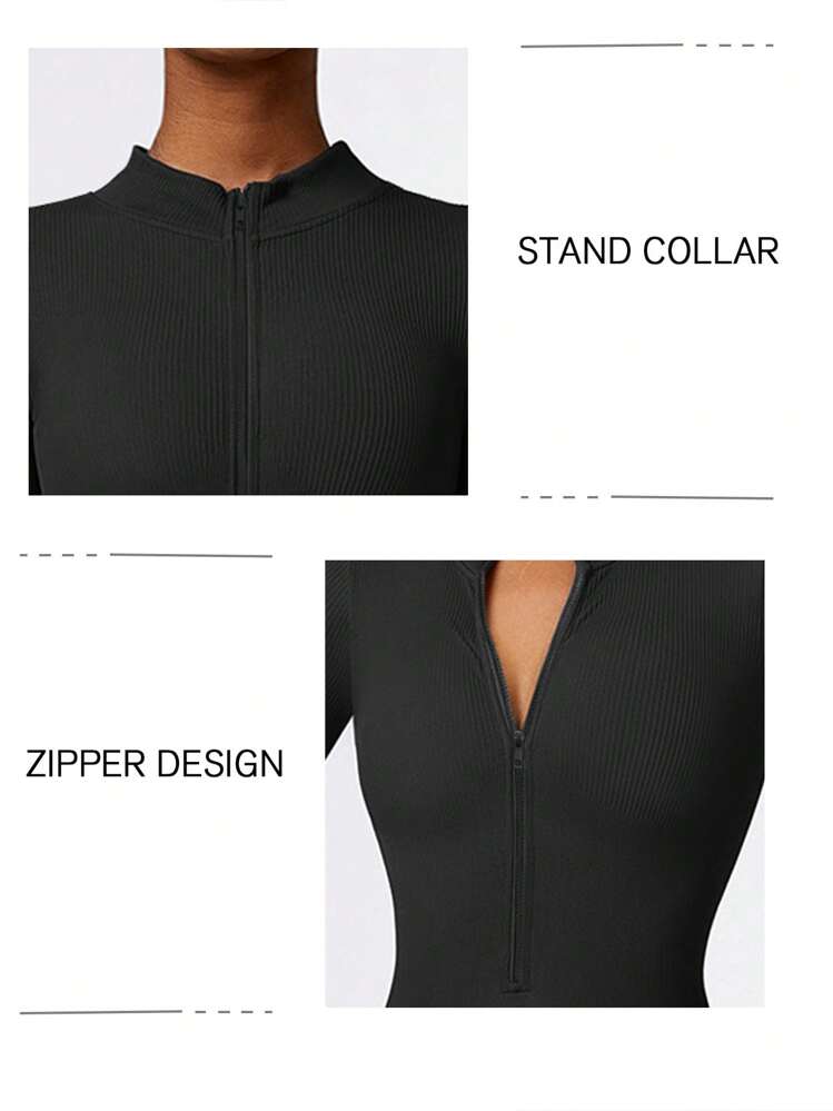 DINBEY Mono de una sola pieza de manga larga con cremallera para mujer, para yoga y actividades al aire libre, que levanta y adelgaza las nalgas y el abdomen, color negro, para primavera - Negro - Añade 6