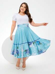 Sky Blue Floral Printed Midi Godet SKIRT Evangelical Christian Women's Fashion - Baby Blue - View 1