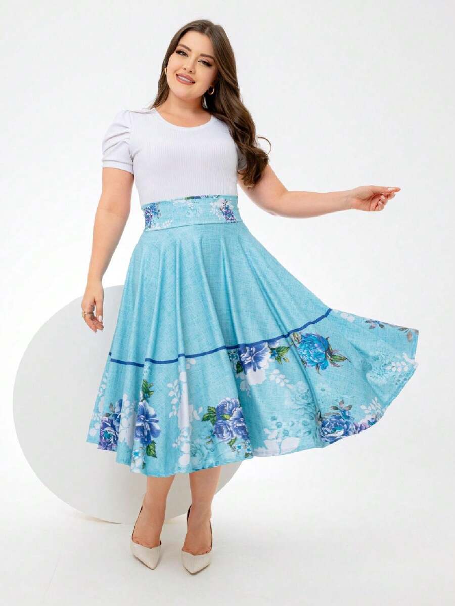 Sky Blue Floral Printed Midi Godet SKIRT Evangelical Christian Women's Fashion - Baby Blue - View 1