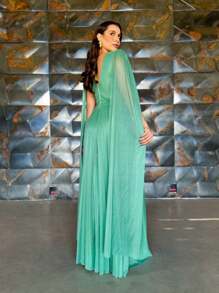 LONG DRESS FOR WEDDING BRIDESMAID GRADUATES PLEATED TULLE WITH SHINE - Mint Green - View 2