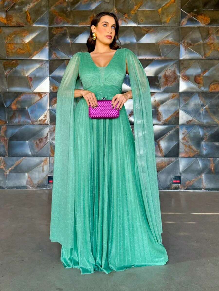 LONG DRESS FOR WEDDING BRIDESMAID GRADUATES PLEATED TULLE WITH SHINE - Mint Green - View 1