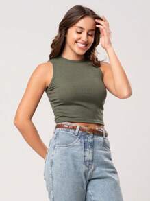 Basic Ribbed Cropped Tank Top - xanh quân đội - Xem 2