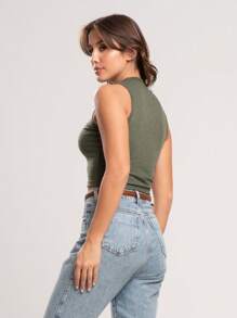 Basic Ribbed Cropped Tank Top - xanh quân đội - Xem 3
