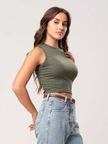 Basic Ribbed Cropped Tank Top - xanh quân đội - Xem 1