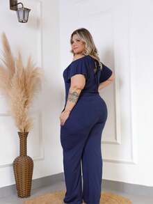 Plus Size Jumpsuit With Cut Out Sleeves On The Shoulder - Màu xanh hải quân - Xem 2