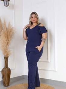 Plus Size Jumpsuit With Cut Out Sleeves On The Shoulder - Màu xanh hải quân - Xem 1