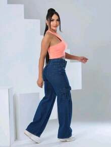 Women's Wide Leg Cargo Jeans - 中等水洗藍 - 查看 1