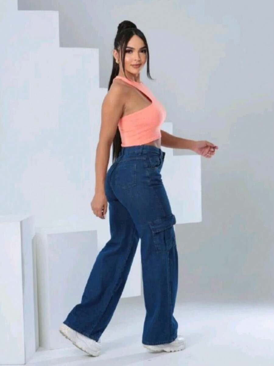 Women's Wide Leg Cargo Jeans - 中等水洗藍 - 查看 1