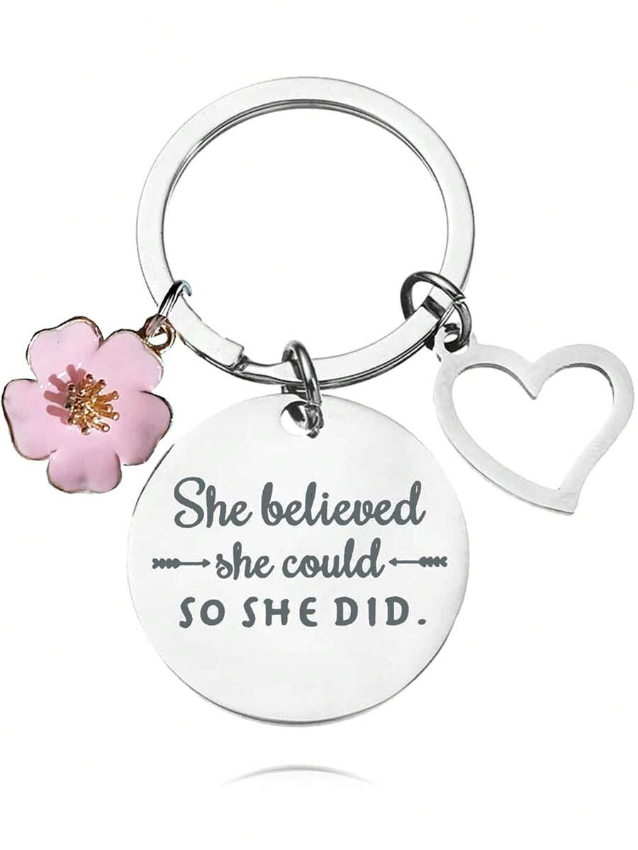 街头女性励志不锈钢钥匙扣，带花朵、空心心形吊坠和雕刻短语“她相信她可以，所以她做到了”，适合女儿、朋友的生日礼物，经典款式钥匙扣，情人节汽车配件，书包饰品，学校背包，万圣节配件，教师节，圣诞节礼物创意 - 銀色 - 查看 1