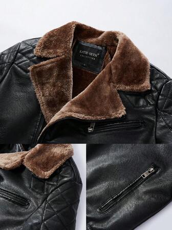 男士户外冬季加大羊毛飞行员 PU 皮夹克，黑色翻领摩托车风格皮夹克。