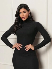 Women's Winter Midi Dress Long Sleeve High Neck With Slit Ribbed Casual Fashion Social - màu đen - Xem 3