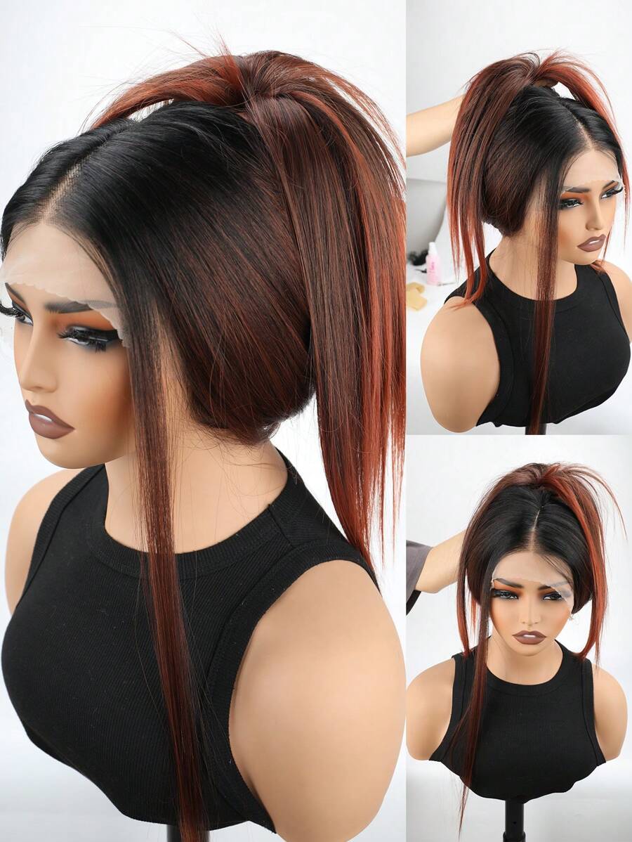 渐变红棕色合成蕾丝前假发，13x4 T 部分合成蕾丝假发，预拔长直发假发，适合女士 30 英寸初学者假发，透明蕾丝假发，带自然发际线 - 漸層紅色 - 查看 1