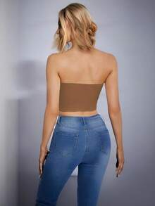 Sexy Solid Color Short Tube Crop Top - Mocha Brown - View 2