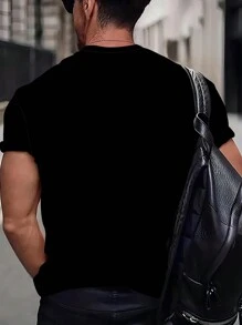 Plus Size Men's Summer Letter & Cartoon Print Crew Neck Casual T-Shirt - Black - View 2