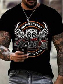 Plus Size Men's Summer Letter & Cartoon Print Crew Neck Casual T-Shirt - Black - View 1