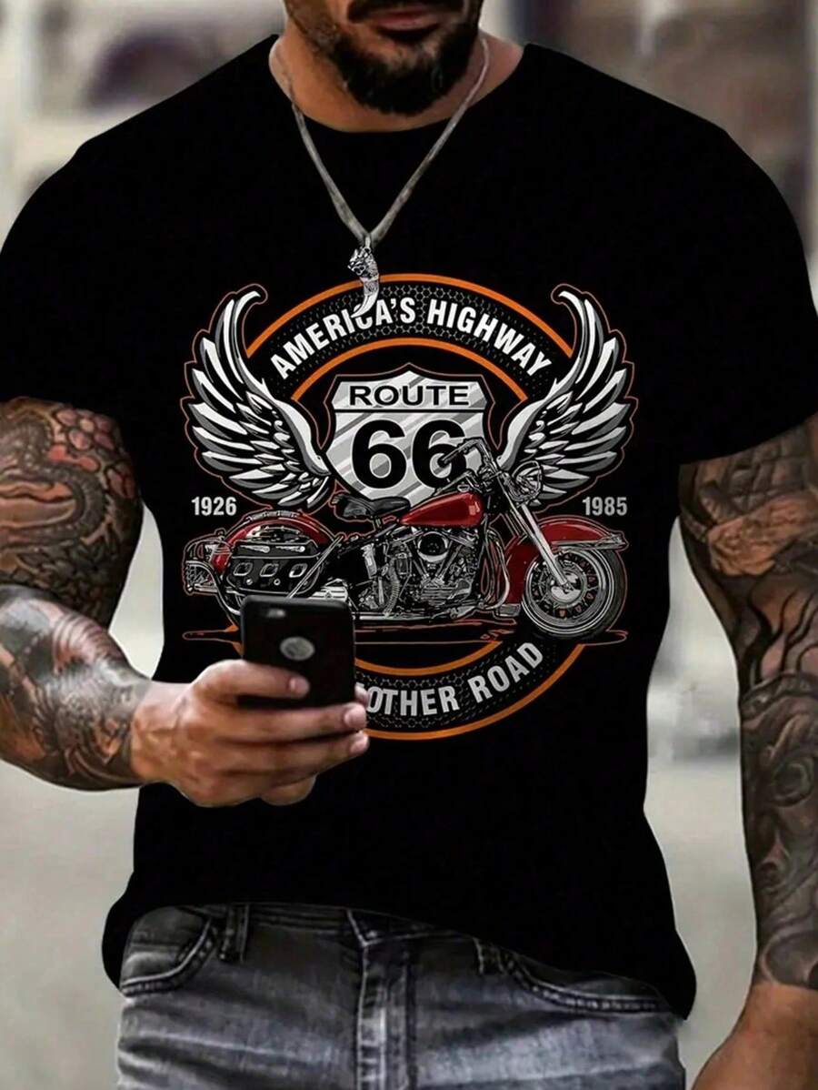 Plus Size Men's Summer Letter & Cartoon Print Crew Neck Casual T-Shirt - Black - View 1