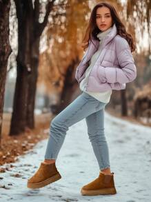女款厚實保暖側彈力圓頭中筒厚底切爾西雪地靴，復古冬季駝色麂皮通勤大尺碼鞋 - 卡其色 - 查看 7